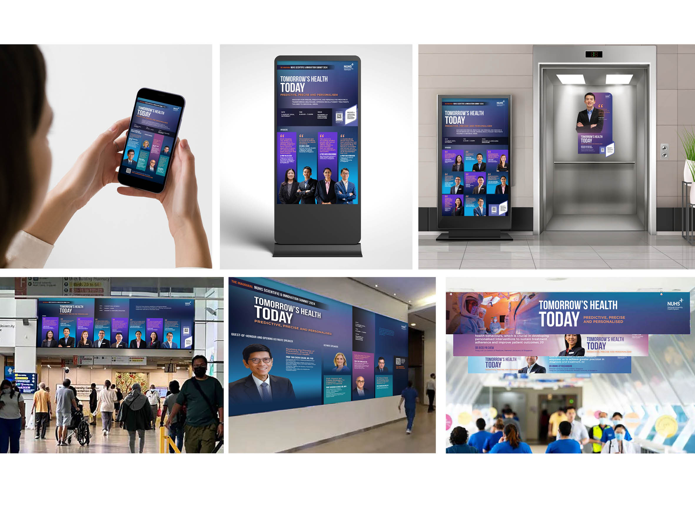 NUHS Scientific & Innovation Summit campaign — mobile, signage, and corridor wall wrap